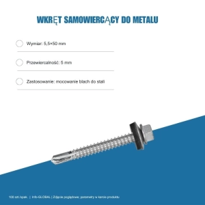 Wkręt samowiercący do metalu 5,5x50 mm, przewiercalność 5 mm, EPDM, 100 szt. – ocynk bez lakieru